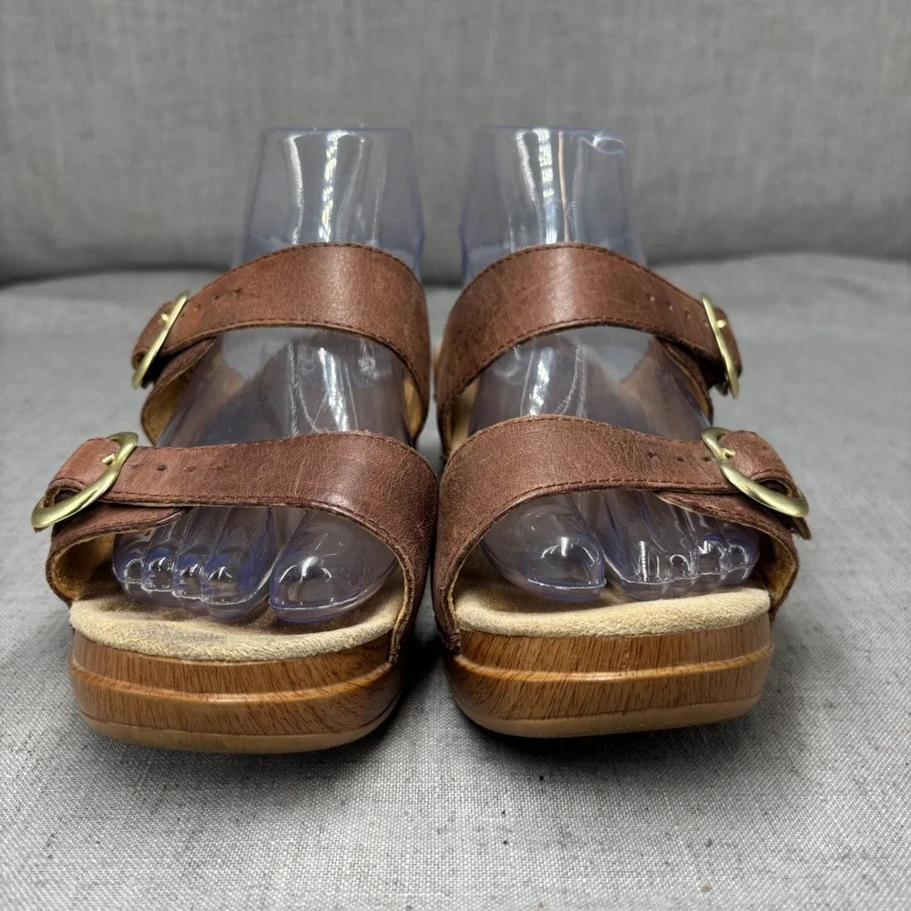 Dansko Sophie Brown Leather Dual Strap Buckle Wedge Slide Sandals Eu Size 37